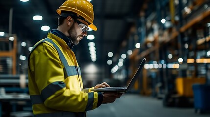 Fototapete - Safety manager inspection safety system factory  Engineer laptop computer technology : Generative AI