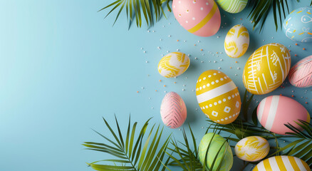 Wall Mural - Easter background with colorful eggs and palm leaves on blue, easter concept banner for web design or social media post template, flat lay.