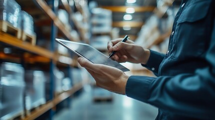 Poster - Panoramic close up hand of smart engineer man warehouse management systemWorker hands holding tablet with pen on blurred warehouse as background logistic Import export concept : Generative AI