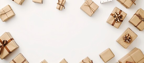 Aufkleber - There is a top down perspective of present boxes against a white backdrop with ample copy space image