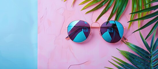 Poster - Fashionable summer theme with trendy sunglasses displayed in a flat lay style on pastel backgrounds is depicted in the copy space image