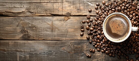 Aufkleber - Rustic wooden background with a cup of coffee and coffee beans with copy space image