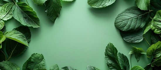 Leinwandbilder - Creative minimalism with a frame composed of fresh green leaves on a green background provides a striking copy space image