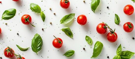 Poster - Organic red cherry tomatoes and green basil on a white background Glossy clean eating veggies with a vegetarian diet in a flat lay top view Copy space image included