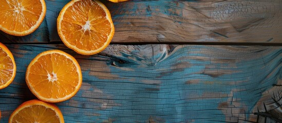 Sticker - Freshly sliced oranges arranged on a rustic wooden surface with copy space image