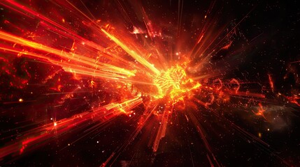 Wall Mural - Red and yellow radiating rays, black background, cyberpunk, realistic rendering