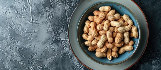 Sticker - Top view of a plate with fresh peanuts arranged neatly in a bowl with copy space image available