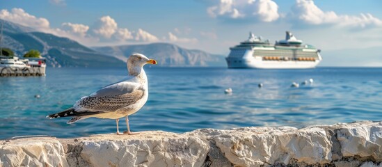 Poster - Seagull perching on a rustic stone quay by the tranquil sea shore with a clear view of a cruise ship passing by in the background creating a picturesque copy space image