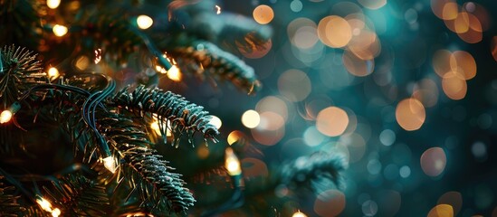 Poster - Festive lights on a Christmas tree with a blurred background perfect for Christmas and New Year celebration messages in the copy space image