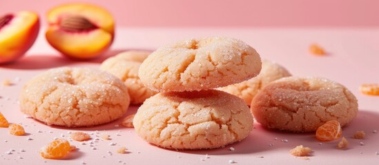 Aufkleber - High resolution photo featuring Italian peach cookies with sugar pink coating and orange infused sweet ricotta on a pink background perfect for copy space image
