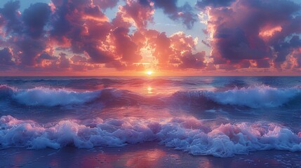 Wall Mural - Sunset seascape with dramatic sky and colorful clouds over ocean waves