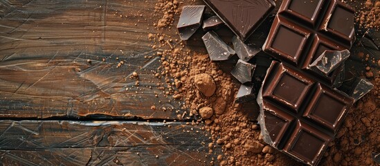 Poster - Selective focus on dark chocolate cocoa solids and cocoa powder against a wooden backdrop in a copy space image