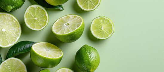 Poster - Exotic healthy fruit with lime slices on a light green backdrop providing ample copy space image