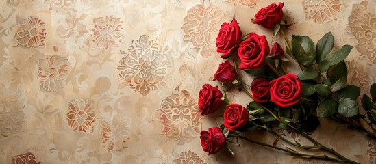 Poster - A top down shot of a group of red roses lying on a patterned light brown background Picture with room for text. Creative banner. Copyspace image