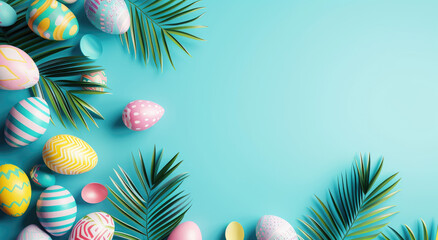 Wall Mural - Easter background with colorful eggs and palm leaves on blue, easter concept banner for web design or social media post template, flat lay.