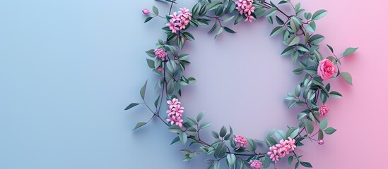 Poster - Square design template for an invitation or greeting card with a wreath of leaves and flowers from above on a blue and pink background featuring an ivy and rose frame with copy space image