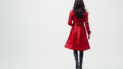 Wall Mural - full length portrait of beautiful brunette woman model wearing red trench coat jacket leather pants standing pose in backview walking away the camera isolated silhouette on white studi : Generative AI