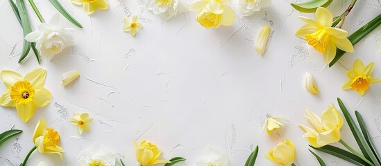 Aufkleber - A floral mockup template with a frame of yellow narcissus and tulip flowers on a white background for a top down view with empty space for image placement. Creative banner. Copyspace image