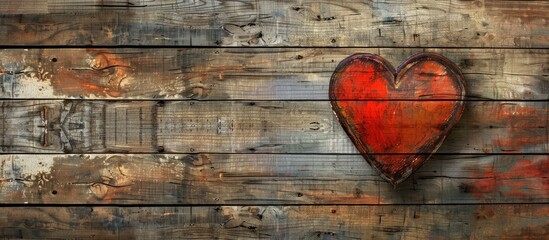 Poster - Vintage Valentine background with a heart on wooden planks backdrop featuring a gradient ideal for including text or elements. Creative banner. Copyspace image