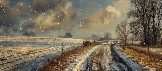 Aufkleber - A rural landscape featuring a dirt road next to a snow covered field with copy space image