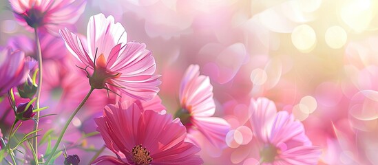 Aufkleber - Pink flowers are softly blurred in the background creating a copy space image ideal for adding your inscriptions or designs