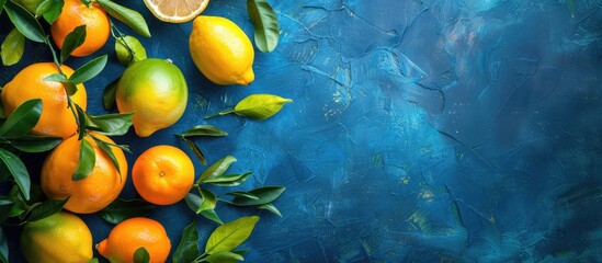 Poster - Group of ripe citrus fruits including lemons and oranges with green leaves on an old blue background Representing a harvest and healthy food concept in a vintage style with a top view and copy space i