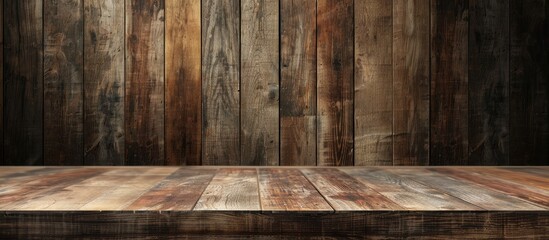 Poster - Vintage teak desk displaying a real nature brown plywood texture with an old panel wood grain in the background offering a natural working resource design with a copy space image for decoration