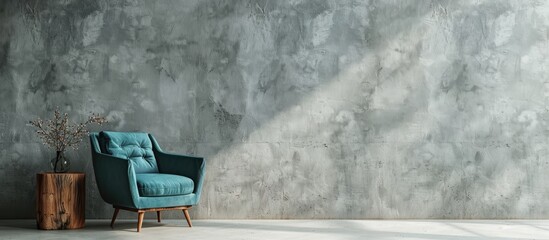 Wall Mural - A room featuring a grey wall a blue armchair and a wooden side table ideal for a copy space image