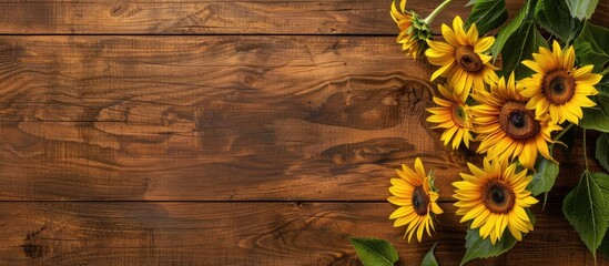 Fototapete - Sunflower heads displayed on a wooden board with copy space image