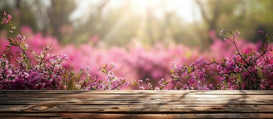 Leinwandbilder - A wooden table with a blurred background of a pink flower field or garden ideal for a Valentine s Day theme suitable for product displays or key visual designs featuring ample copy space for text or