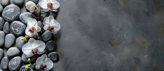 Aufkleber - Grey background adorned with a display of spa stones and orchid flowers perfect for adding text in the available copy space image