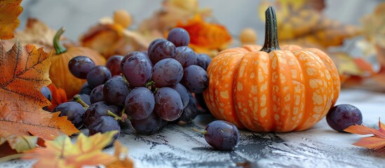 Poster - Fall themed arrangement featuring an orange pumpkin surrounded by grapes and autumn leaves creating a cozy and festive copy space image