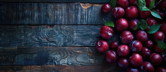 Poster - Ripe plums are spread out on a dark wooden table with a moody background soft lighting and space for text or images. Creative banner. Copyspace image