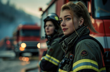 Sticker - Female firefighter with team in front of fire truck