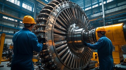 Wall Mural - Factory workers are inspecting the quality of large machines in an industrial plant Engineer workers production quality control heavy factory : Generative AI