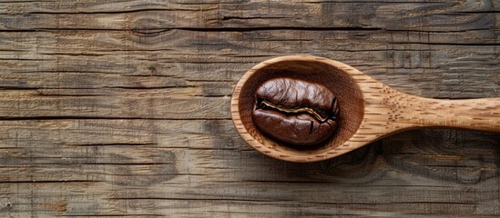 Poster - Wooden spoon with a coffee bean on a wooden background conveying a concept with space for copy in the image
