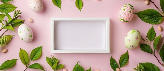 Aufkleber - Easter themed arrangement featuring eggs leaves and blank photo frame against a soft pink background with copy space image