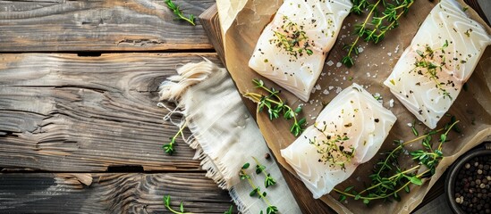 Poster - Raw cod fillets with thyme are displayed on a wooden board against a wooden backdrop in a top view photo with ample copy space image