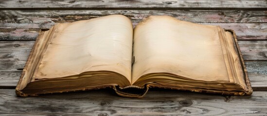 Poster - Wooden table hosting an open book featuring blank pages with copy space image