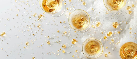 Poster - Gold colored champagne glasses on a white background frame with a region for additional image or text