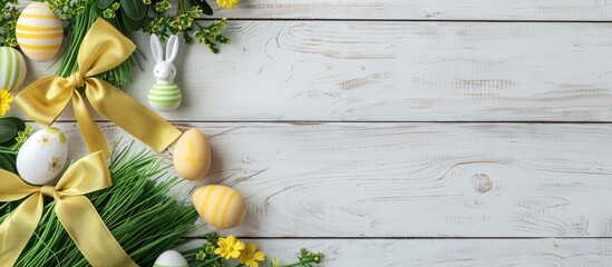 Aufkleber - Easter themed decor featuring bunnies eggs in yellow and green and green grass on a light background with a satin bow on a wooden table providing space for an image. Creative banner. Copyspace image