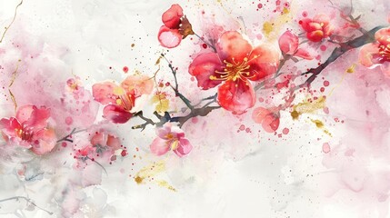 Wall Mural - Graceful Watercolor Painting Featuring Bright Pink Blossoms and Elegant Gold Accents for Refined Interiors