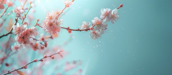 Aufkleber - Plum tree branches in bloom against a blue backdrop perfect for a holiday themed image with space for text overlay at the top. Creative banner. Copyspace image