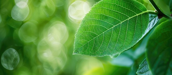 Canvas Print - Green leaf in close up with a blurred greenery backdrop providing copy space for text ideal for fresh ecology concepts