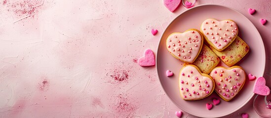 Aufkleber - Valentine s theme with heart shaped cookies on a pink surface displayed as a flat lay with copy space image for text placement