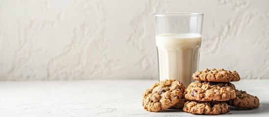 Aufkleber - Oatmeal cookies paired with a glass of milk displayed on a white backdrop with copy space image