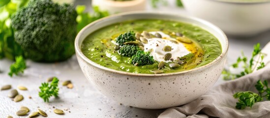 Canvas Print - Vegan broccoli cream soup garnished with coconut cream and pumpkin seeds served in a white bowl emphasizing a plant based diet Perfect for a recipe blog with copy space image