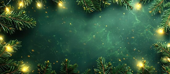 Poster - Festive holiday background featuring a border of fir branches twinkling lights and ample copy space image