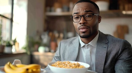 Portrait of busy African American man in glasses having breakfast in kitchen at home wearing suit while eating cereal rushing to office hurry to work in the morning being late for meet : Generative AI