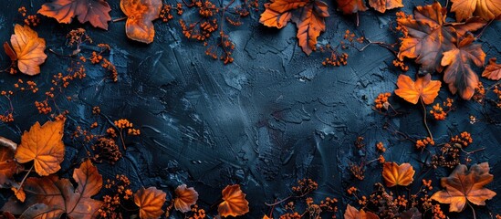 Aufkleber - Top view of a stunning fall leaf arrangement with orange leaves as a backdrop allowing room for text or images creating a picturesque copy space image